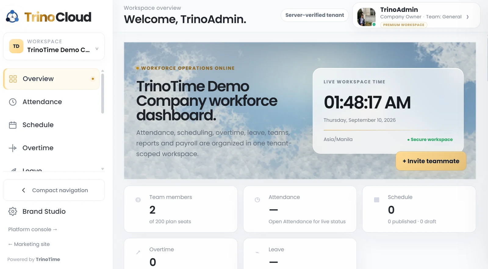 TrinoTime Cloud overview dashboard
