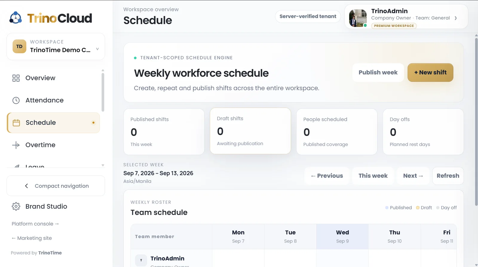 TrinoTime Schedule workspace