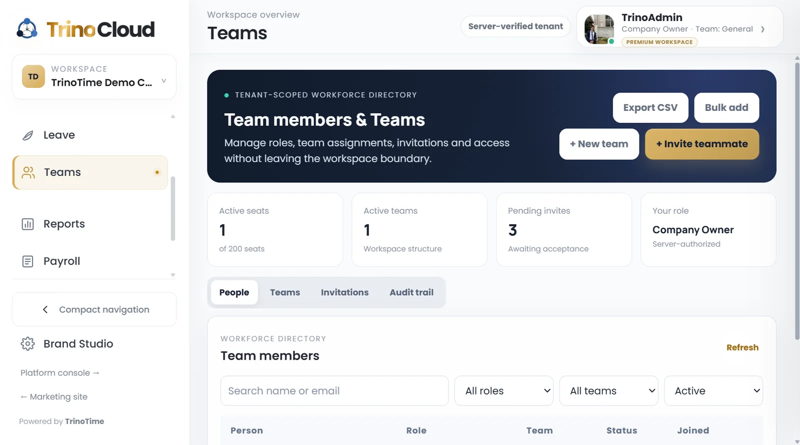 TrinoTime Teams workspace