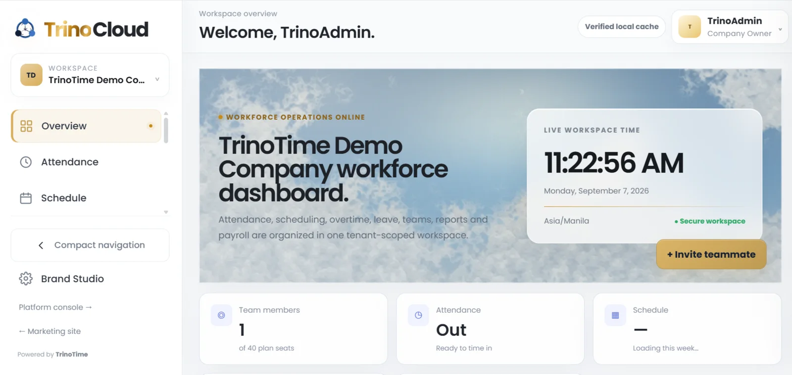 Actual TrinoTime Cloud demo workspace showing the Overview dashboard, navigation, attendance and scheduling workspace